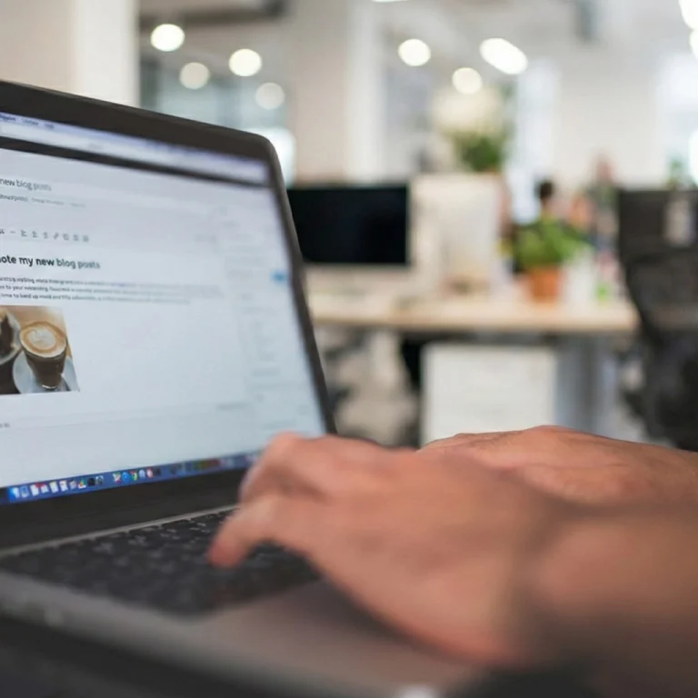 Mains sur le clavier d’un ordinateur portable affichant l’éditeur WordPress