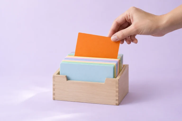 Une main tire une fiche orange d’une boîte en bois remplie de fiches pastel