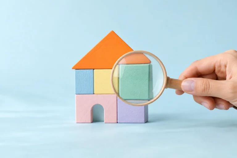 Une main tient une loupe devant une petite maison en blocs de bois pastel au toit orange