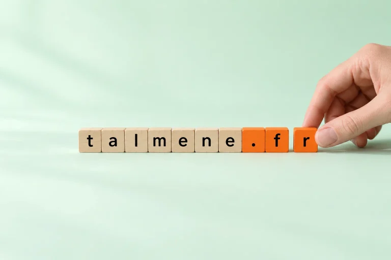 Des tuiles de lettres en bois forment talmene.fr, une main pose le r orange