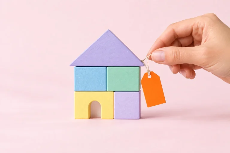 Une main accroche une étiquette de prix orange à une petite maison en blocs de bois pastel