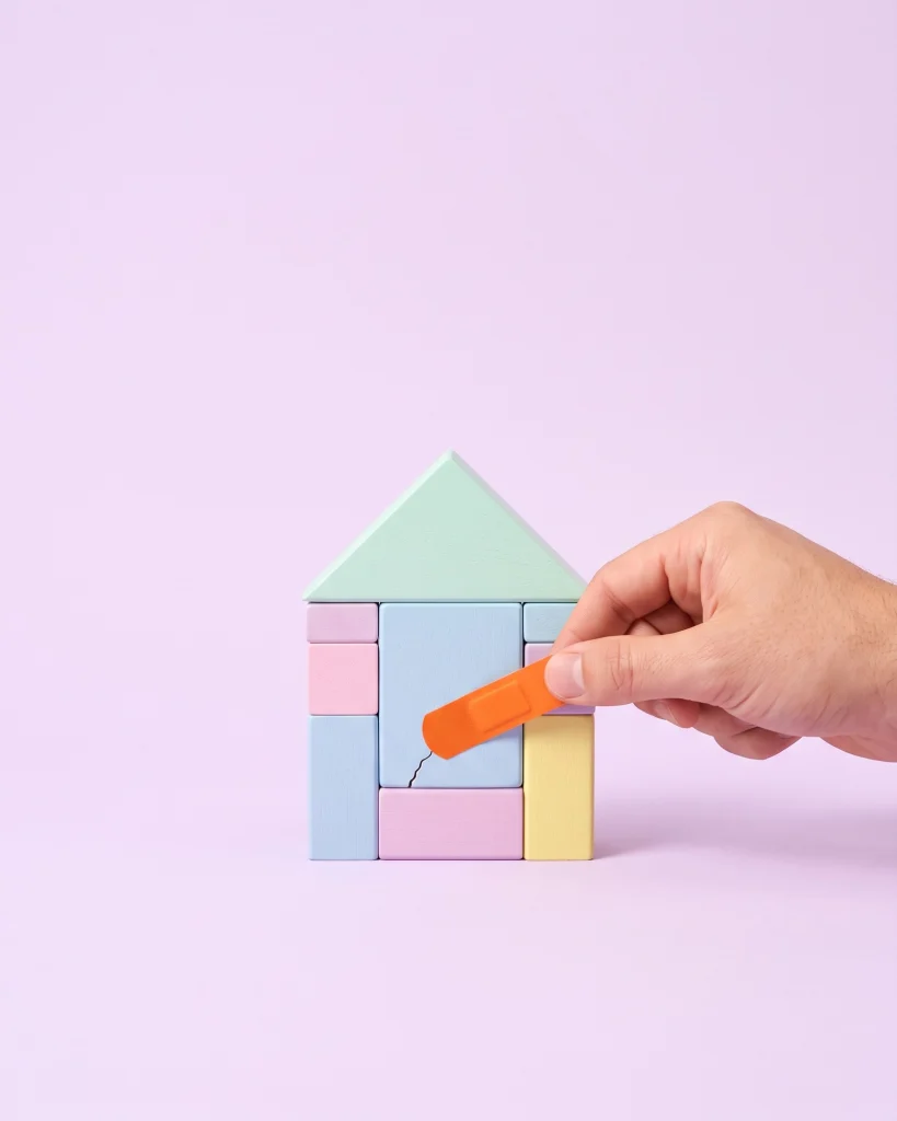 Une main pose un pansement orange sur la fissure d’une petite maison en blocs de bois
