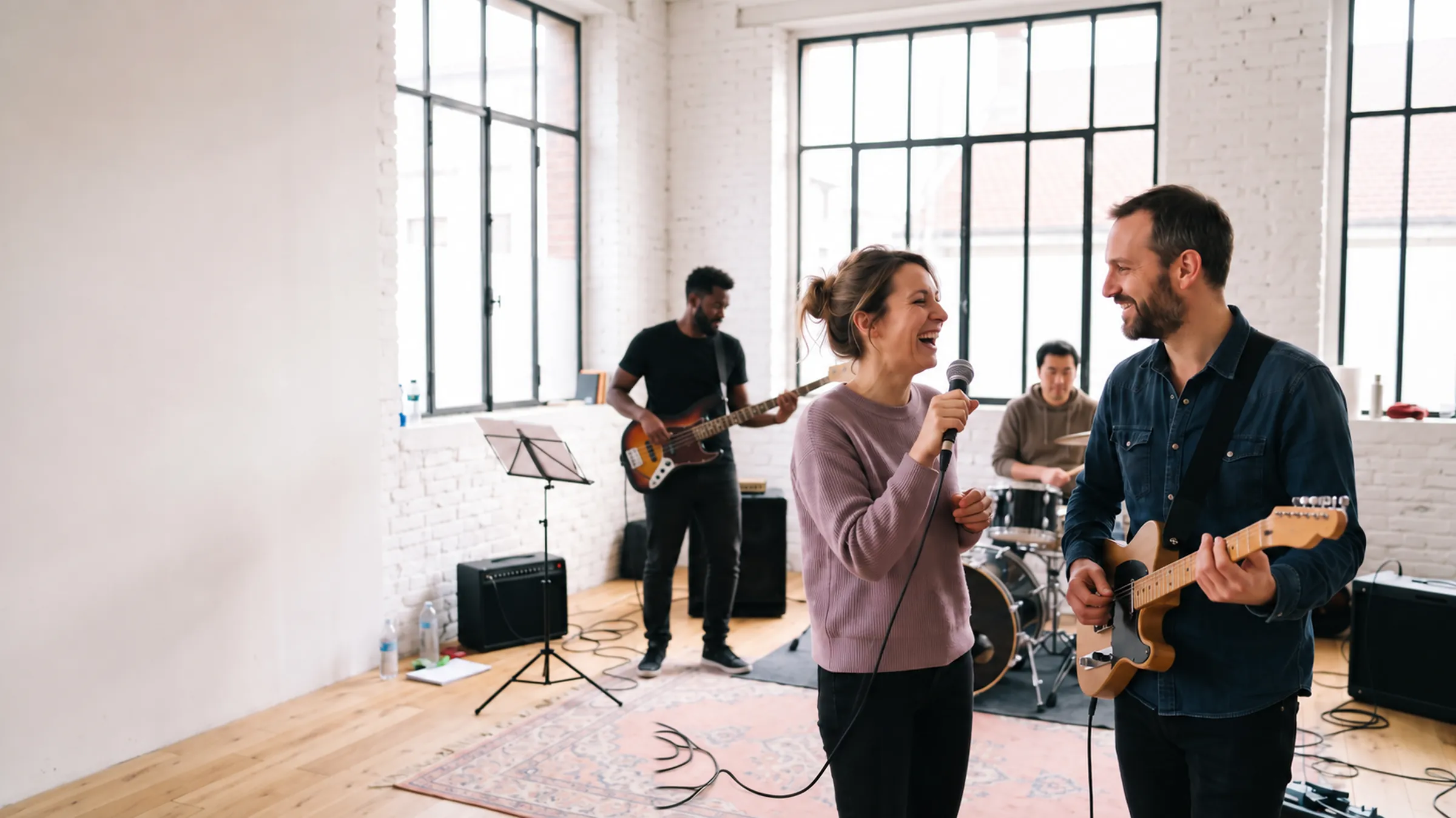 Groupe de musique en répétition joyeuse, la chanteuse micro en main face au guitariste