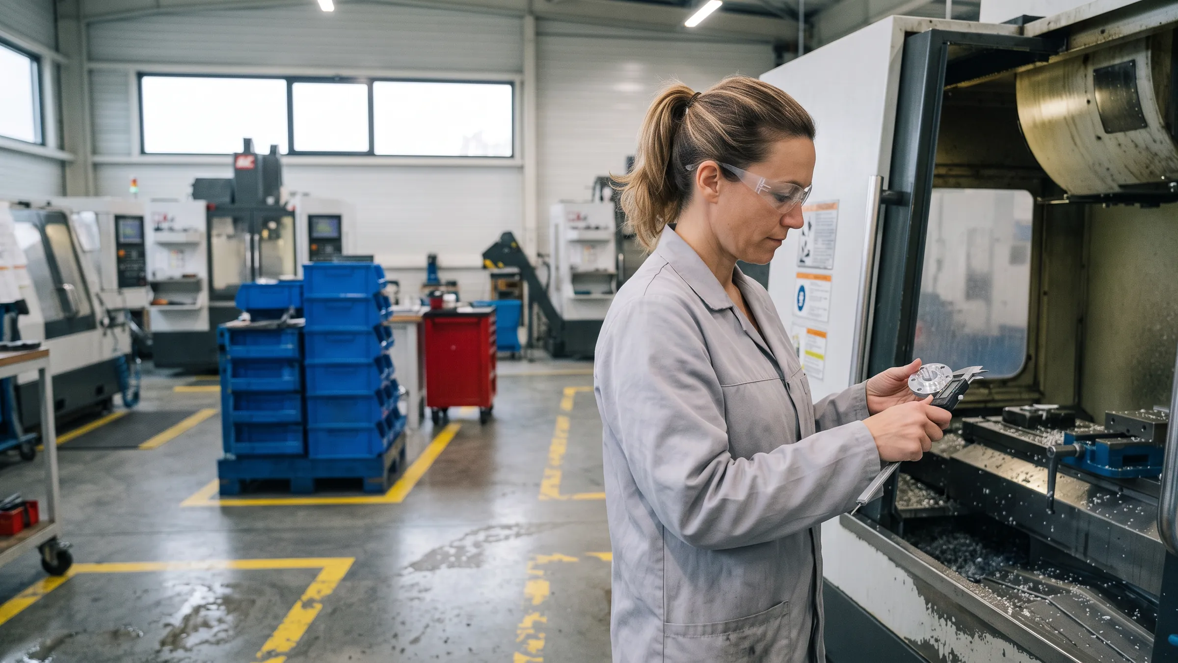 Technicienne d’atelier qui contrôle une pièce usinée au pied à coulisse, devant sa machine