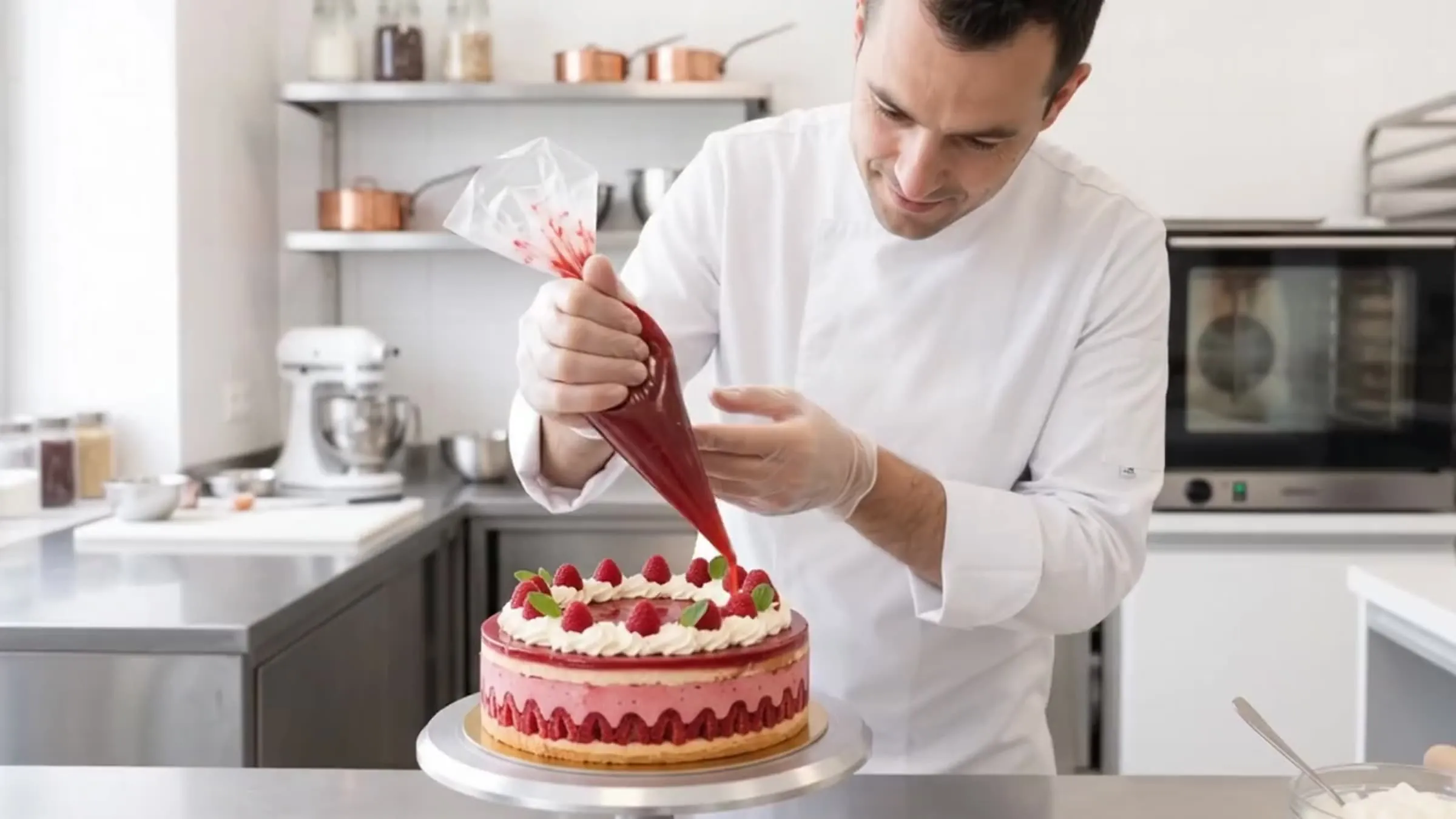 Pâtissier qui dresse un entremets dans son laboratoire