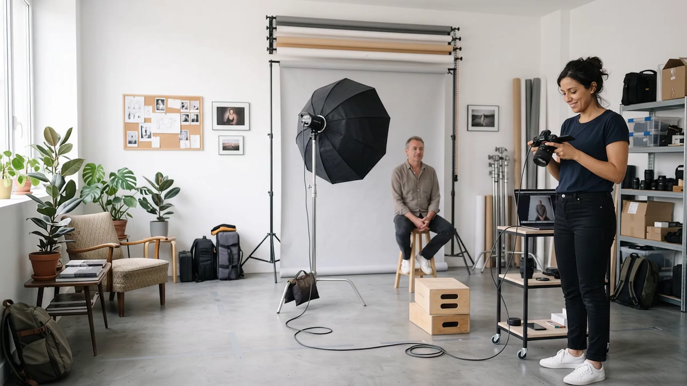 Photographe qui vérifie son cliché sur l’écran de son appareil, pendant une séance portrait dans son studio