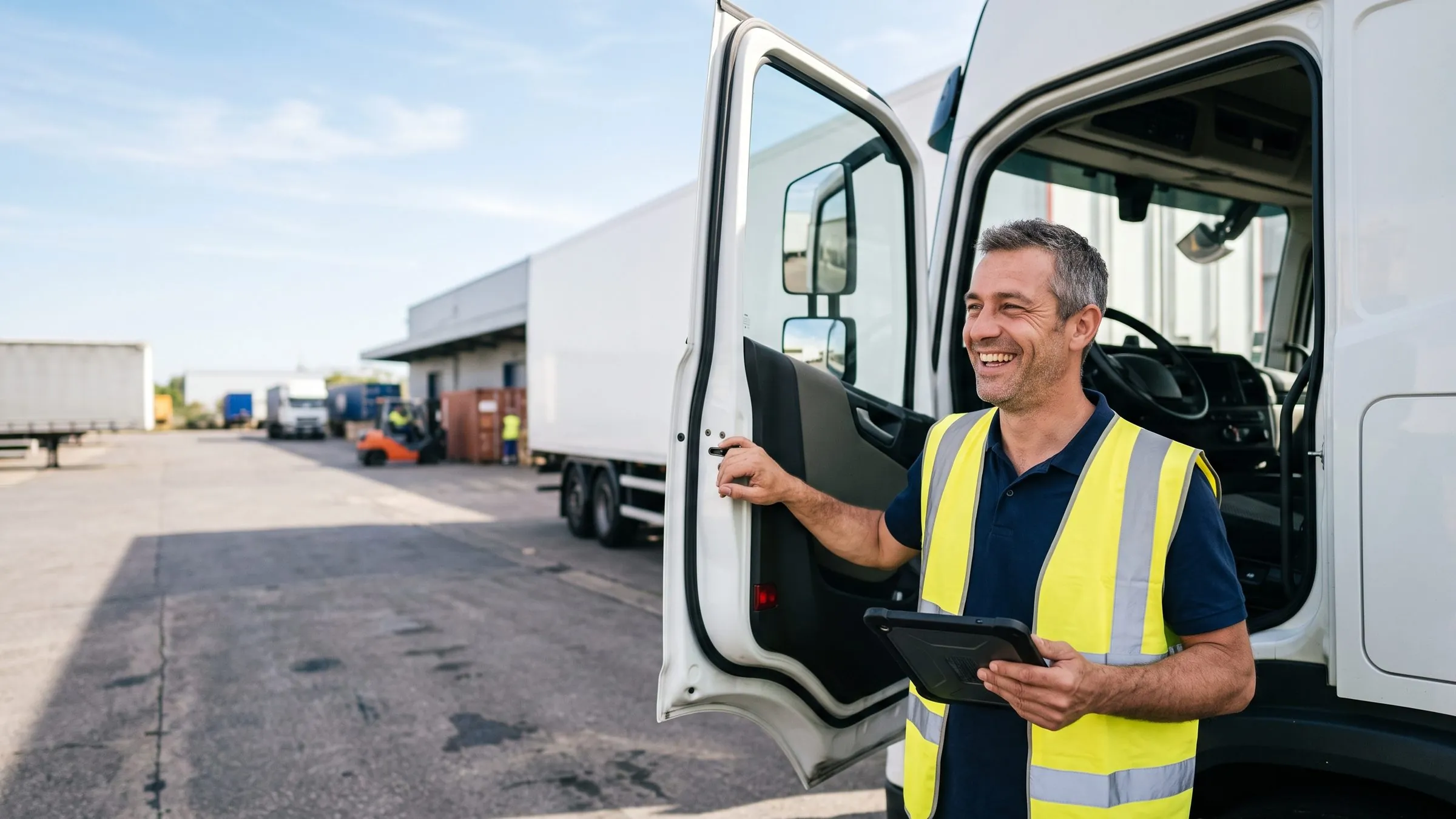 Chauffeur routier souriant près de la cabine de son camion, tablette à la main