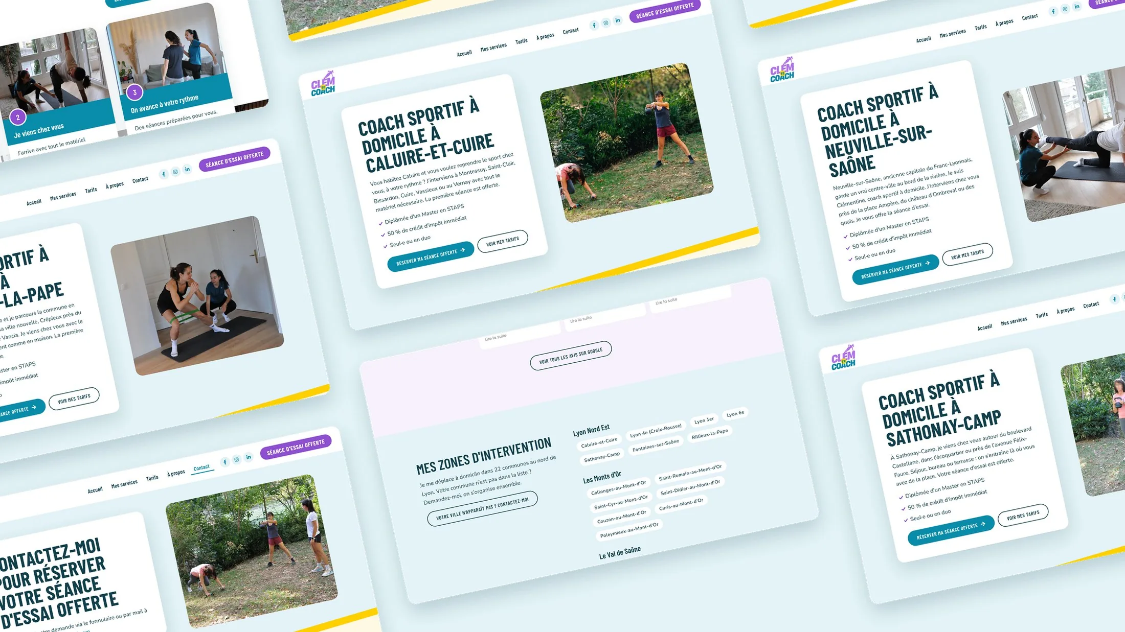 Mosaïque inclinée des pages du site de Clem te coach : Caluire-et-Cuire, Neuville-sur-Saône, Sathonay-Camp, Rillieux-la-Pape et les zones d’intervention