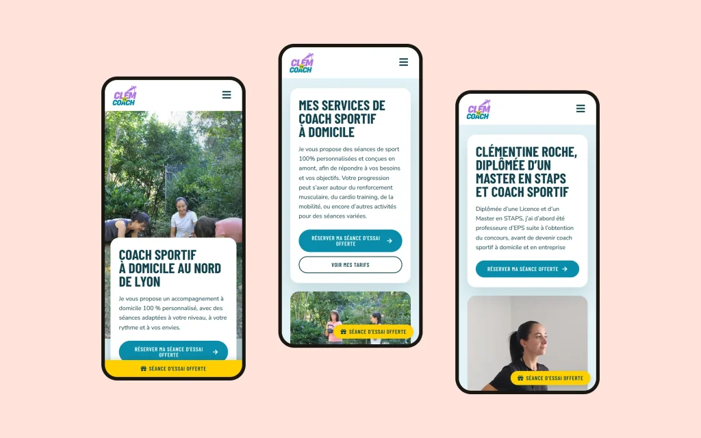 Le site de Clem te coach sur trois téléphones : l’accueil, les séances proposées et la présentation de Clémentine