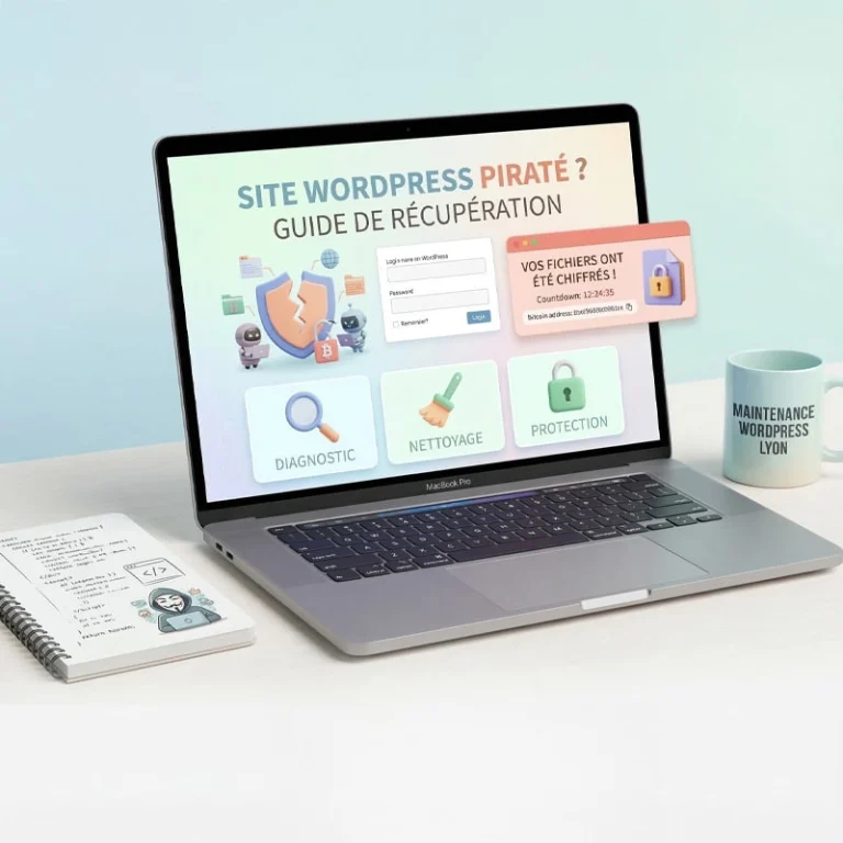 Ordinateur portable affichant un guide de récupération de site WordPress piraté
